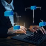 Predictive AI business growth charts and data analytics dashboards running on a screen