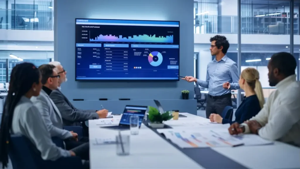 Business executives reviewing AI Sales Forecasting dashboard during a strategy meeting