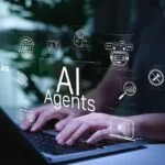 A conceptual diagram showing multiple autonomous AI digital agents collaborating in an interconnected enterprise workflow pipeline.