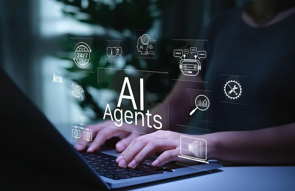 A conceptual diagram showing multiple autonomous AI digital agents collaborating in an interconnected enterprise workflow pipeline.