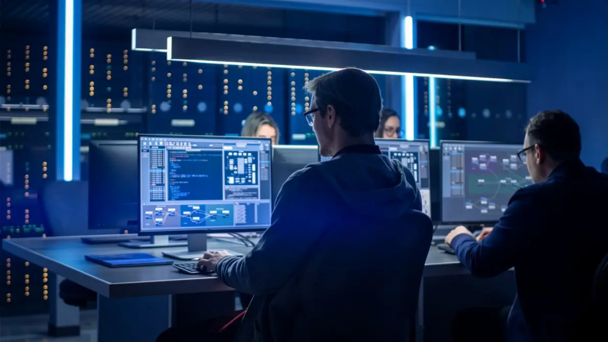 Engineers monitoring AI model performance before rollback decisions