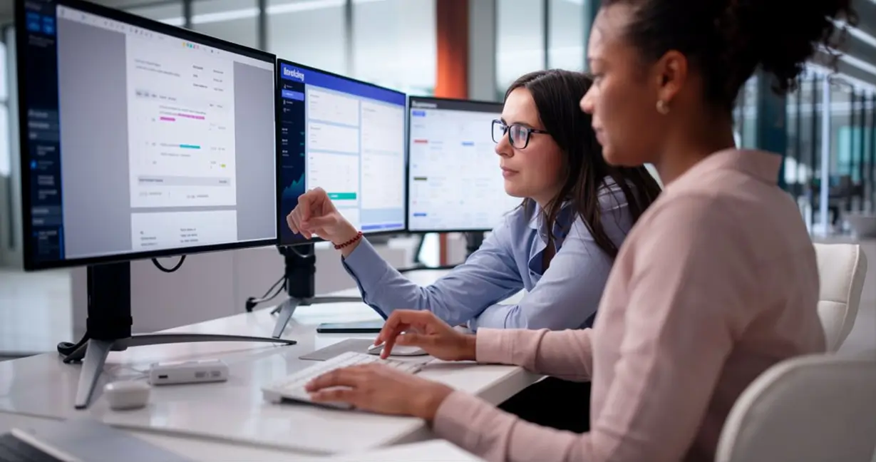 A professional business team analyzing data insights on a screen, representing enterprise AI workforce management